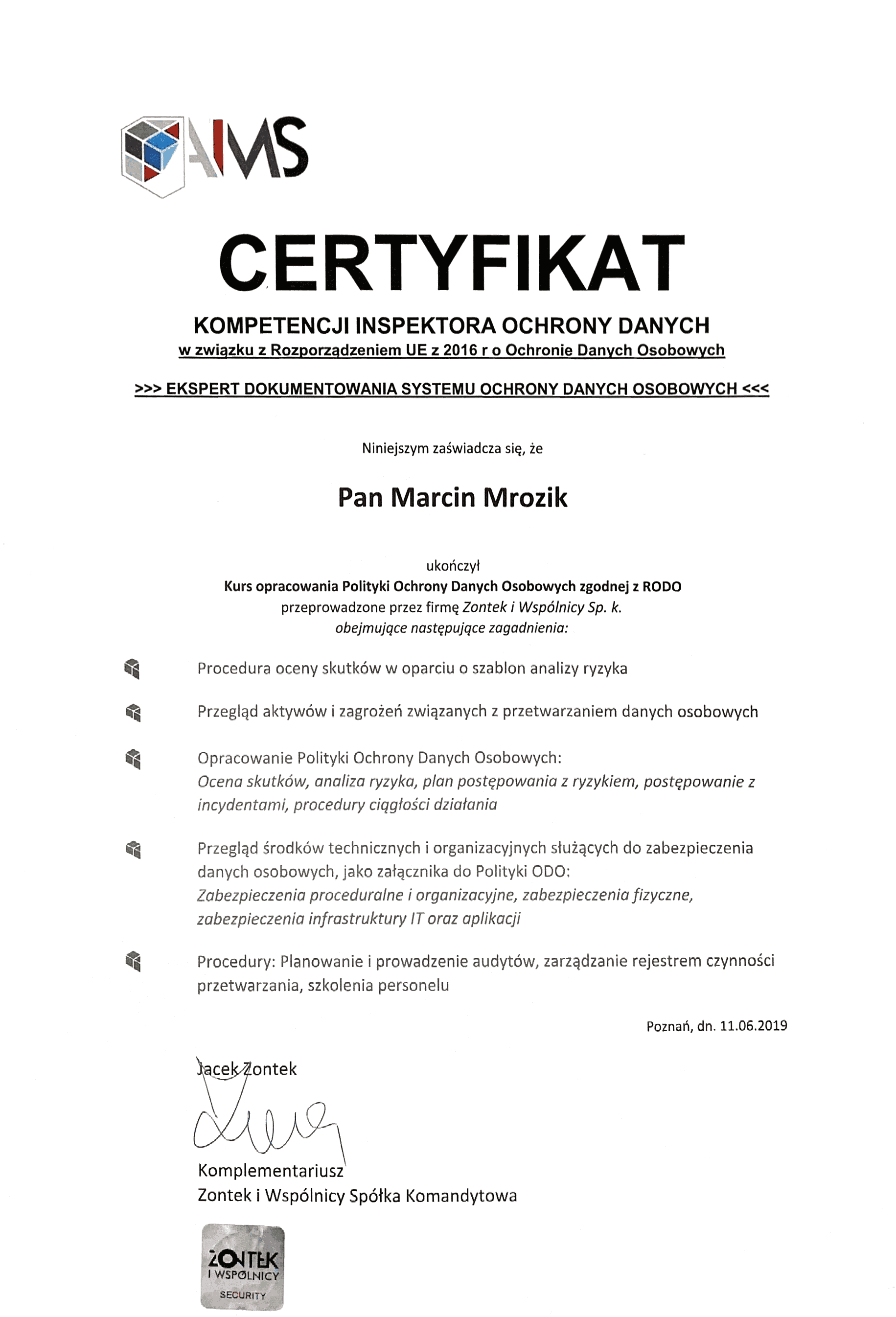 Certyfikat kompetencji Inspektora Ochrony Danych, AMS, 2019