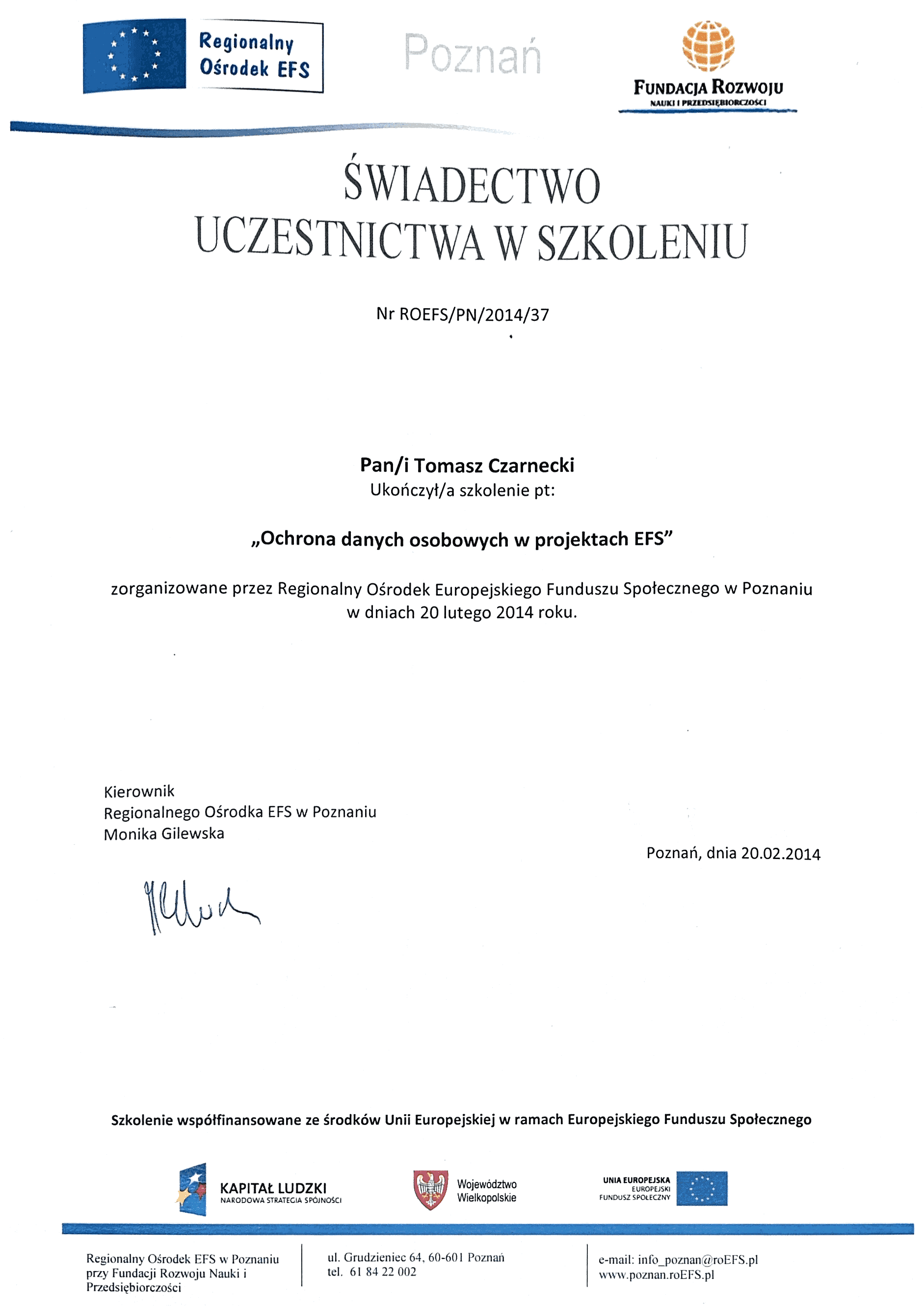 Certyfikat ukończenia kursu ochrony danych osobowych